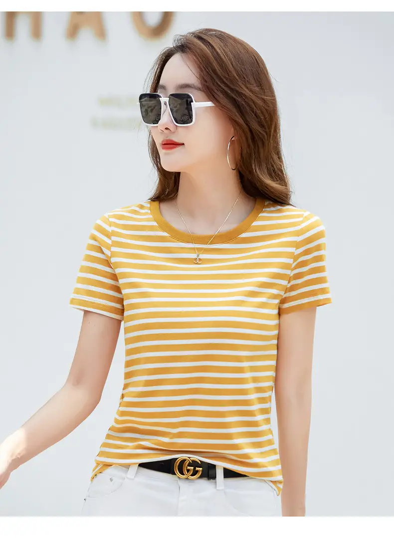 Korean Style Striped T-Shirt Green White Loose Fit — feature 26