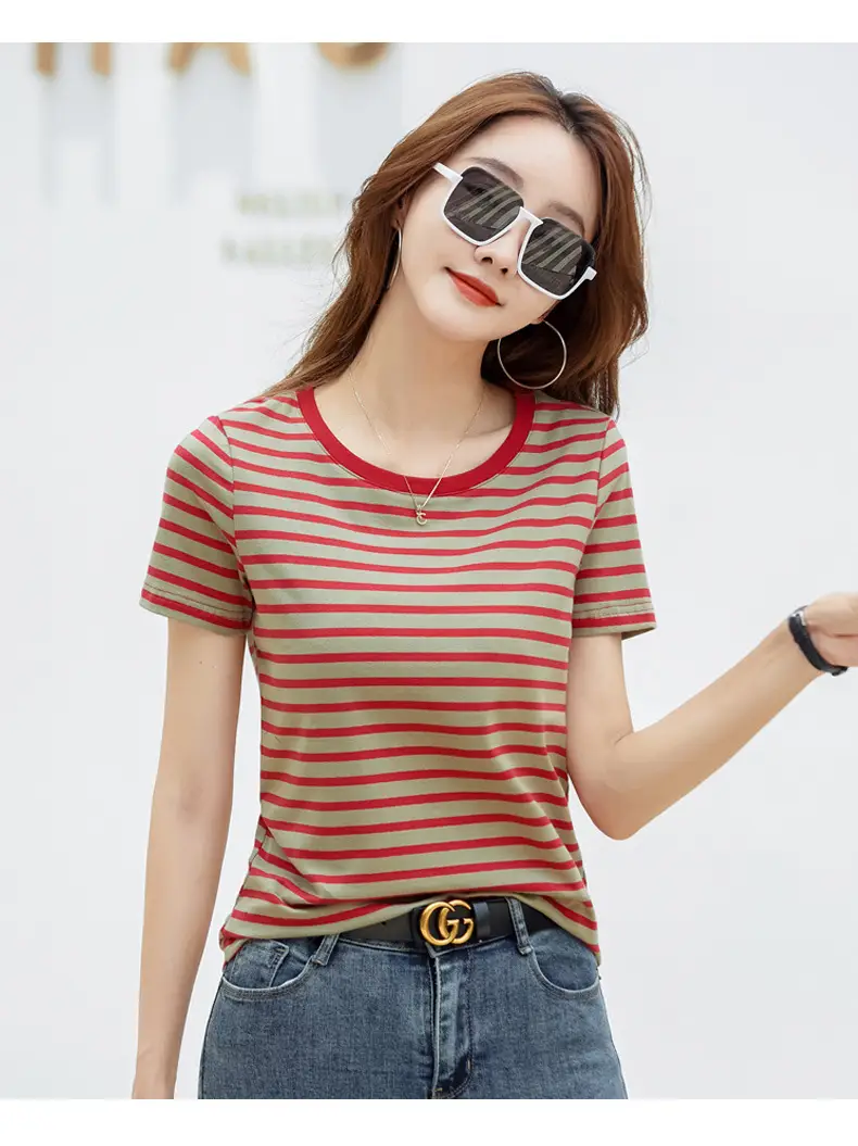 Korean Style Striped T-Shirt Green White Loose Fit — feature 28
