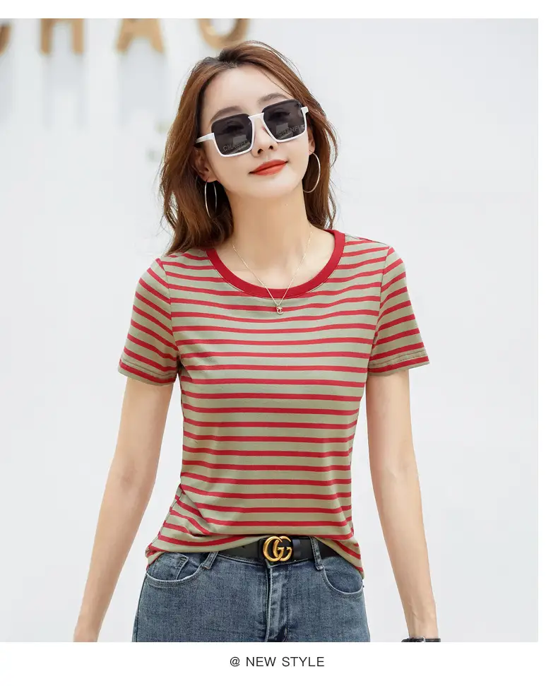 Korean Style Striped T-Shirt Green White Loose Fit — feature 29