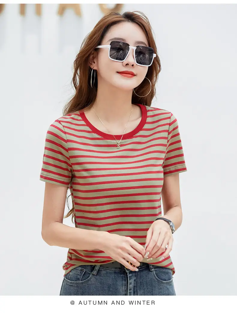 Korean Style Striped T-Shirt Green White Loose Fit — feature 30