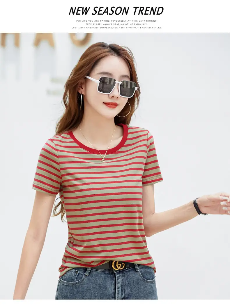 Korean Style Striped T-Shirt Green White Loose Fit — feature 31