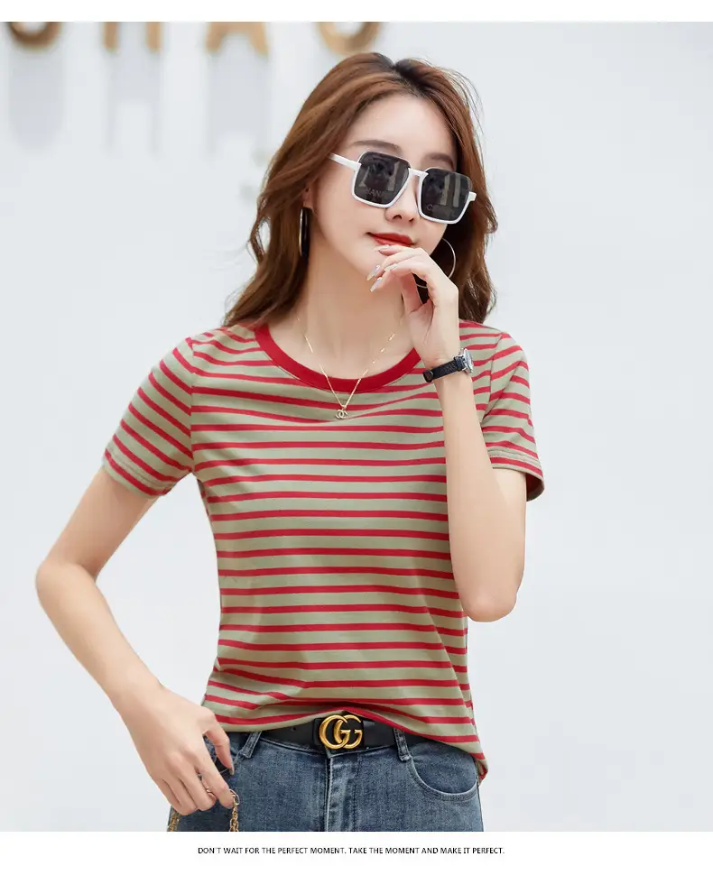 Korean Style Striped T-Shirt Green White Loose Fit — feature 32