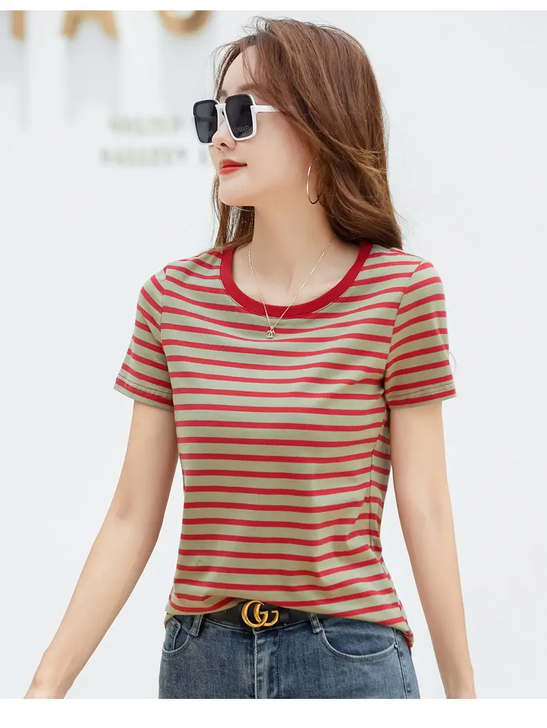 Korean Style Striped T-Shirt Green White Loose Fit — feature 33