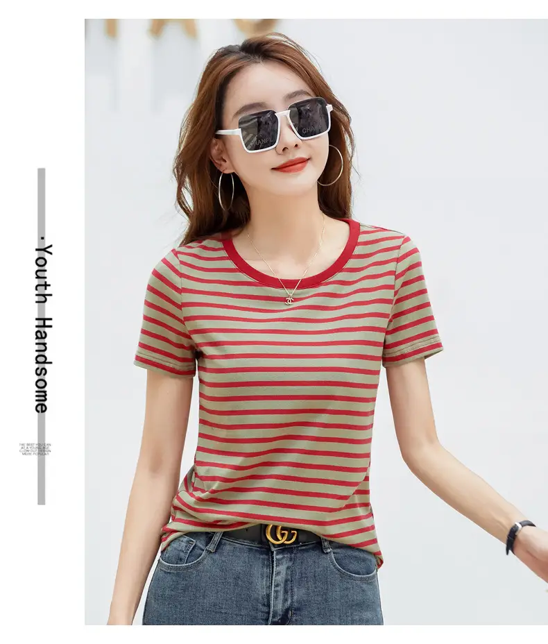 Korean Style Striped T-Shirt Green White Loose Fit — feature 34