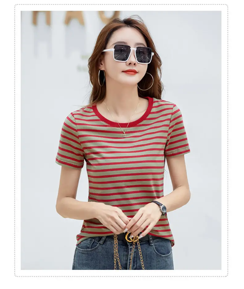 Korean Style Striped T-Shirt Green White Loose Fit — feature 35