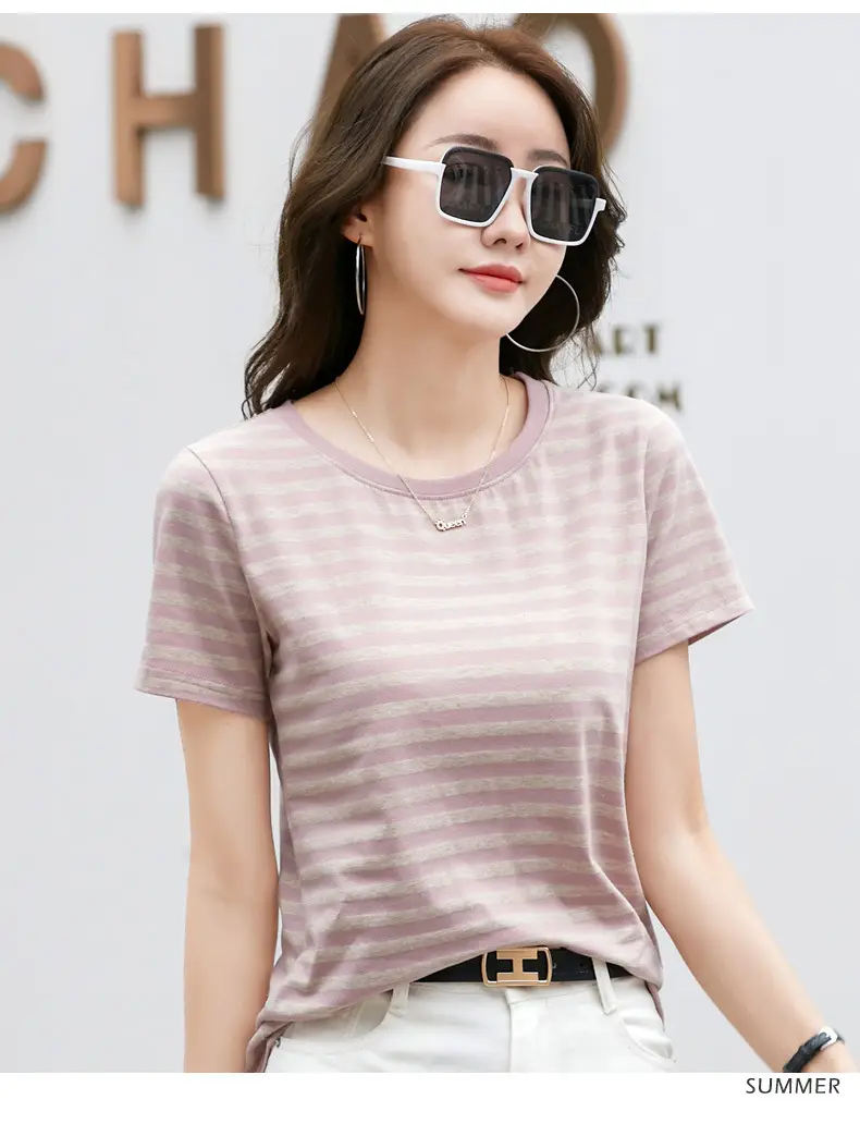 Korean Style Striped T-Shirt Green White Loose Fit — feature 36