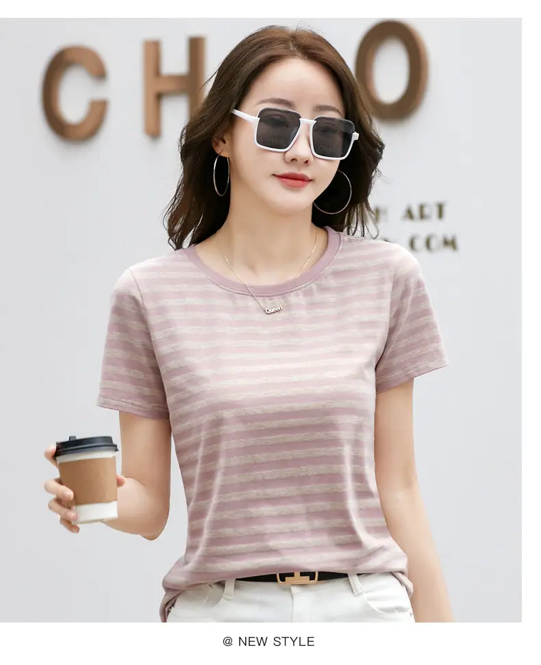 Korean Style Striped T-Shirt Green White Loose Fit — feature 37