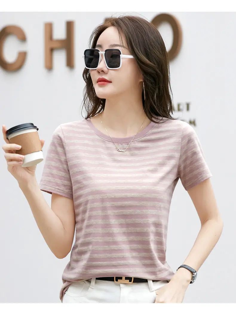 Korean Style Striped T-Shirt Green White Loose Fit — feature 38