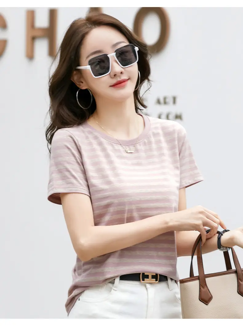 Korean Style Striped T-Shirt Green White Loose Fit — feature 39