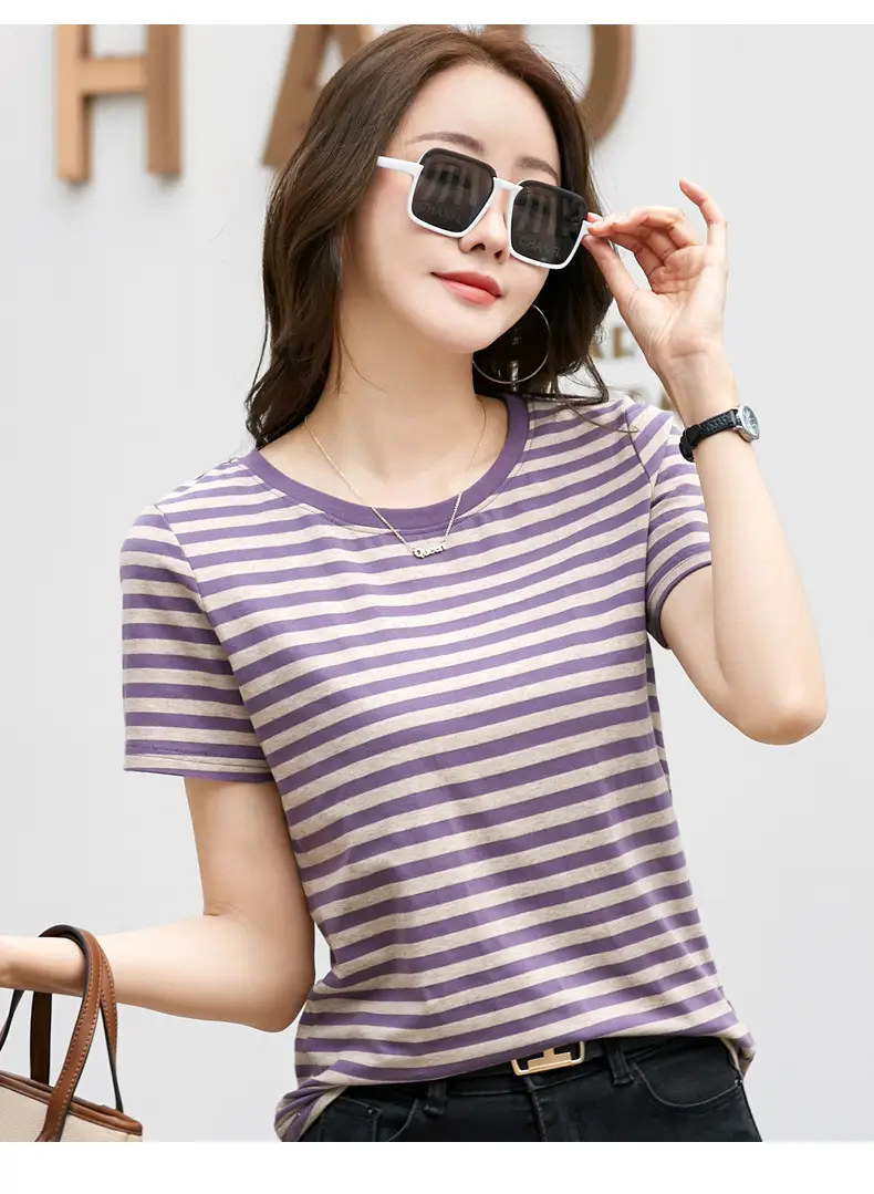 Korean Style Striped T-Shirt Green White Loose Fit — feature 41