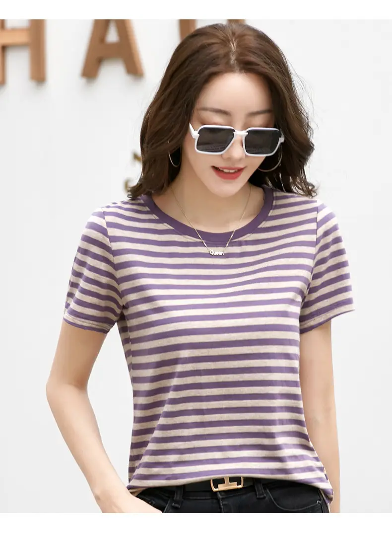 Korean Style Striped T-Shirt Green White Loose Fit — feature 42