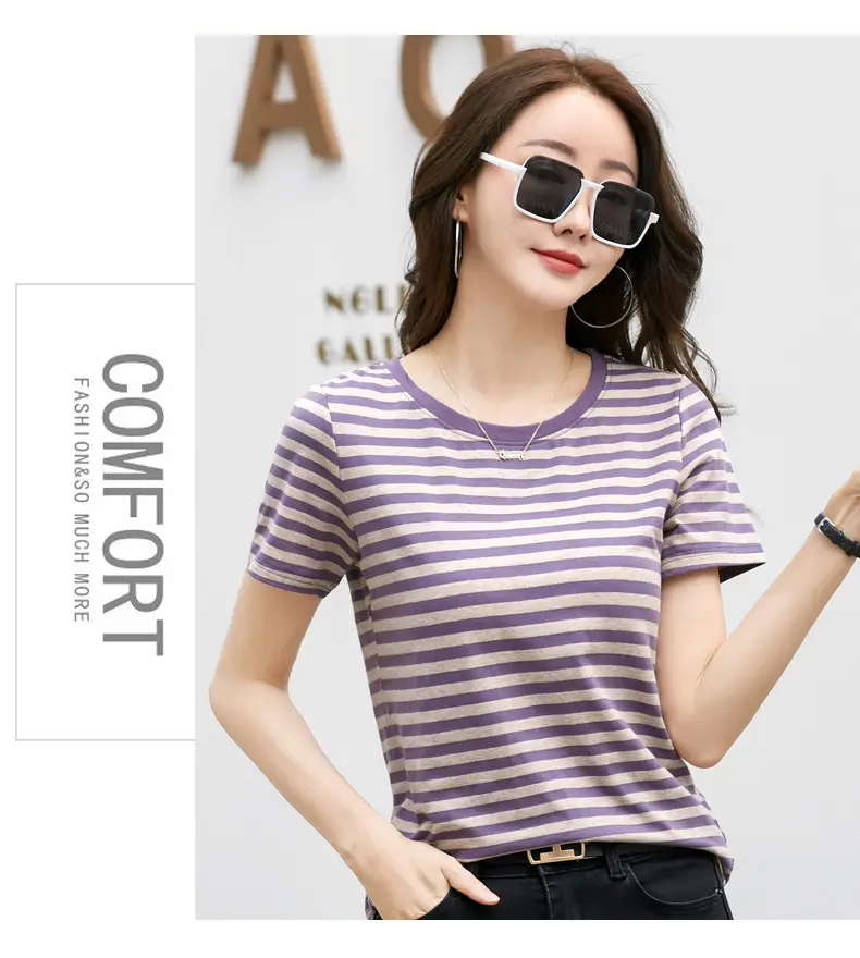 Korean Style Striped T-Shirt Green White Loose Fit — feature 43