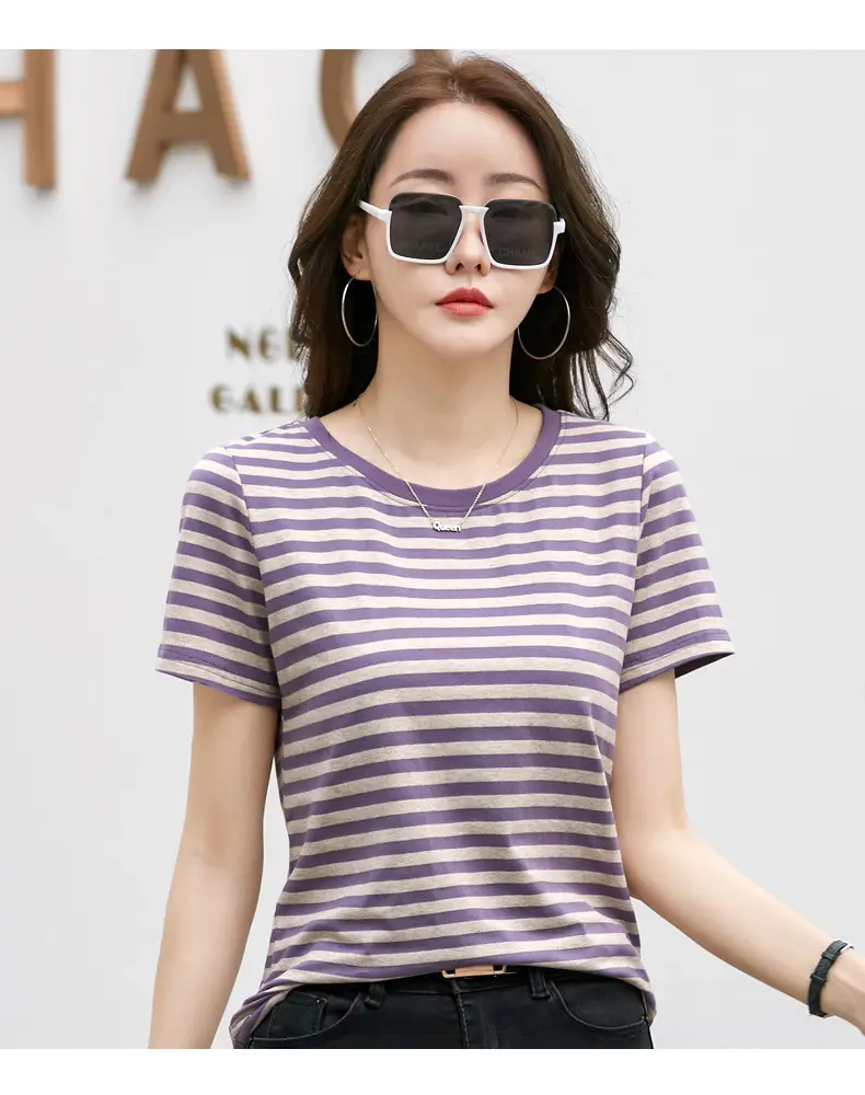 Korean Style Striped T-Shirt Green White Loose Fit — feature 44