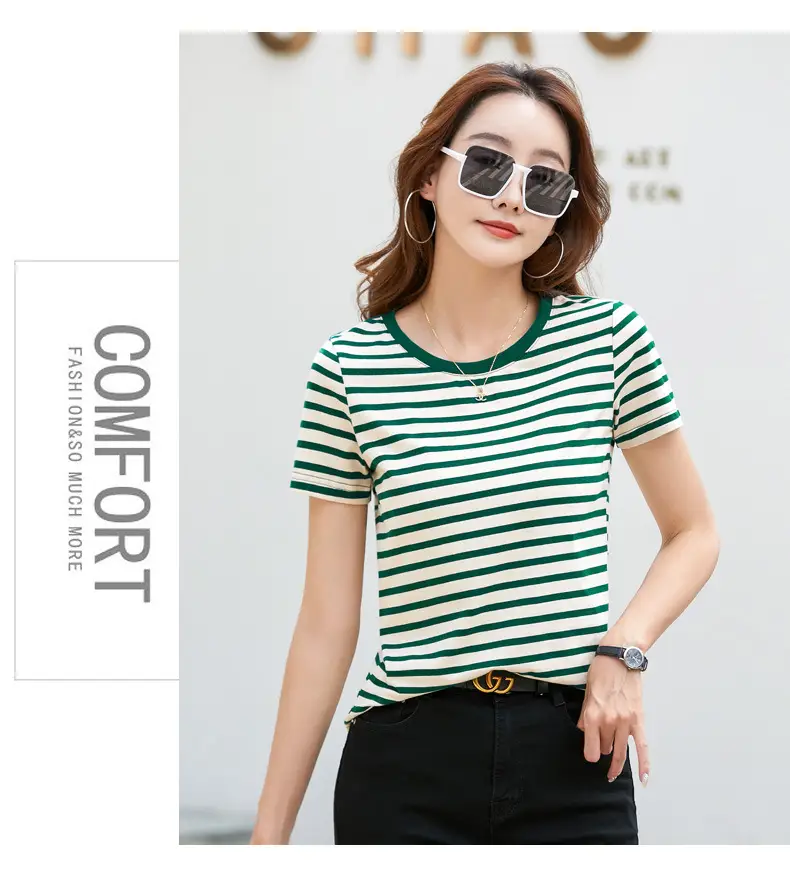 Korean Style Striped T-Shirt Green White Loose Fit — feature 7