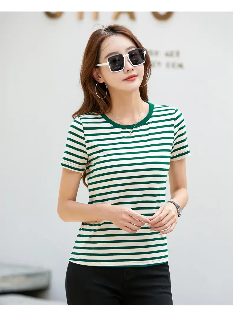 Korean Style Striped T-Shirt Green White Loose Fit — feature 8