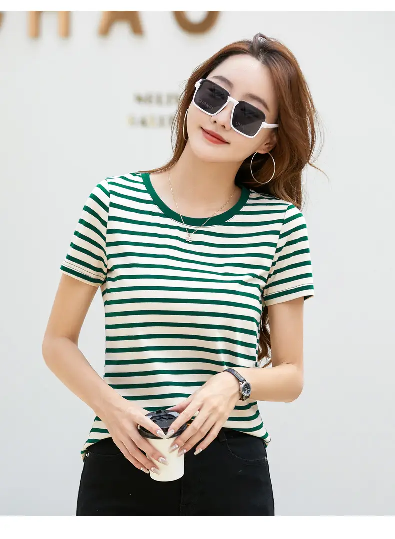 Korean Style Striped T-Shirt Green White Loose Fit — feature 9