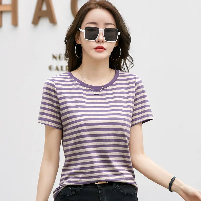 Korean Style Striped T-Shirt Green White Loose Fit