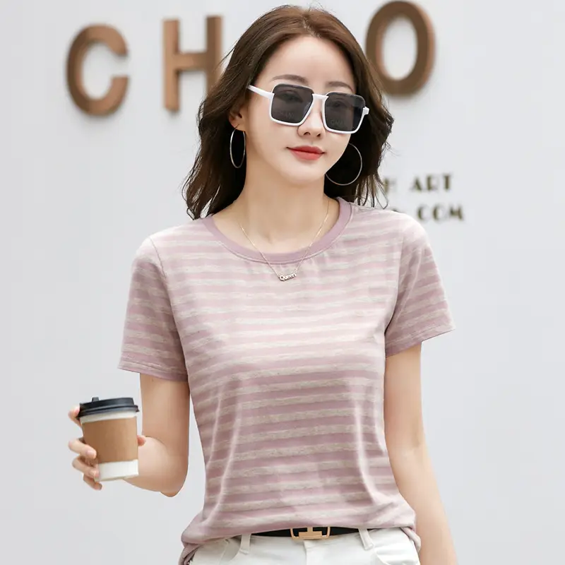 Korean Style Striped T-Shirt Green White Loose Fit
