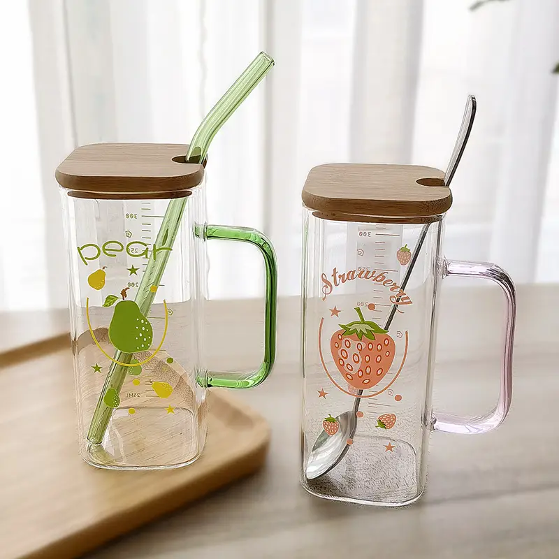 Straw Fruit Print Glass Cup with Lid & Handle - Image 26