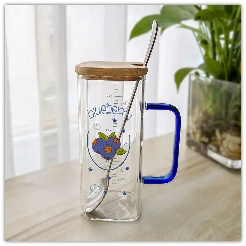 Straw Fruit Print Glass Cup with Lid & Handle - Image 27