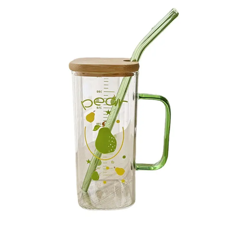 Straw Fruit Print Glass Cup with Lid & Handle - Image 28