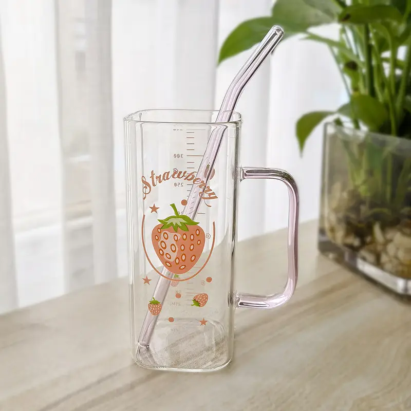Straw Fruit Print Glass Cup with Lid & Handle - Image 10