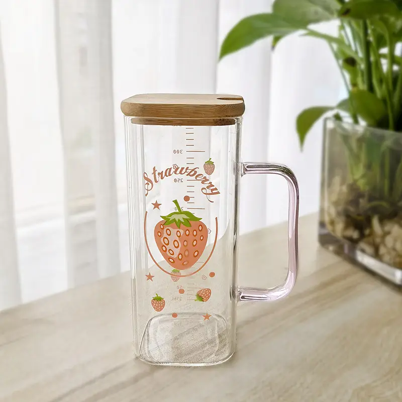 Straw Fruit Print Glass Cup with Lid & Handle - Image 12