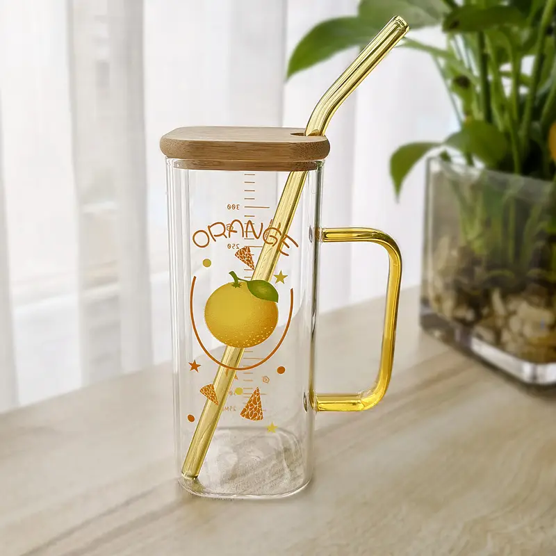 Straw Fruit Print Glass Cup with Lid & Handle - Image 14
