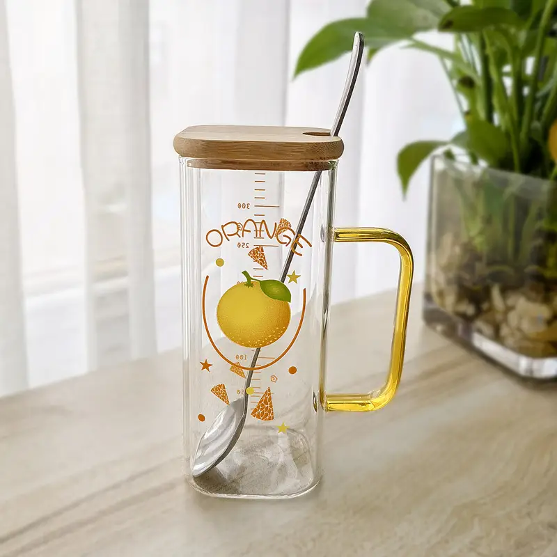 Straw Fruit Print Glass Cup with Lid & Handle - Image 15