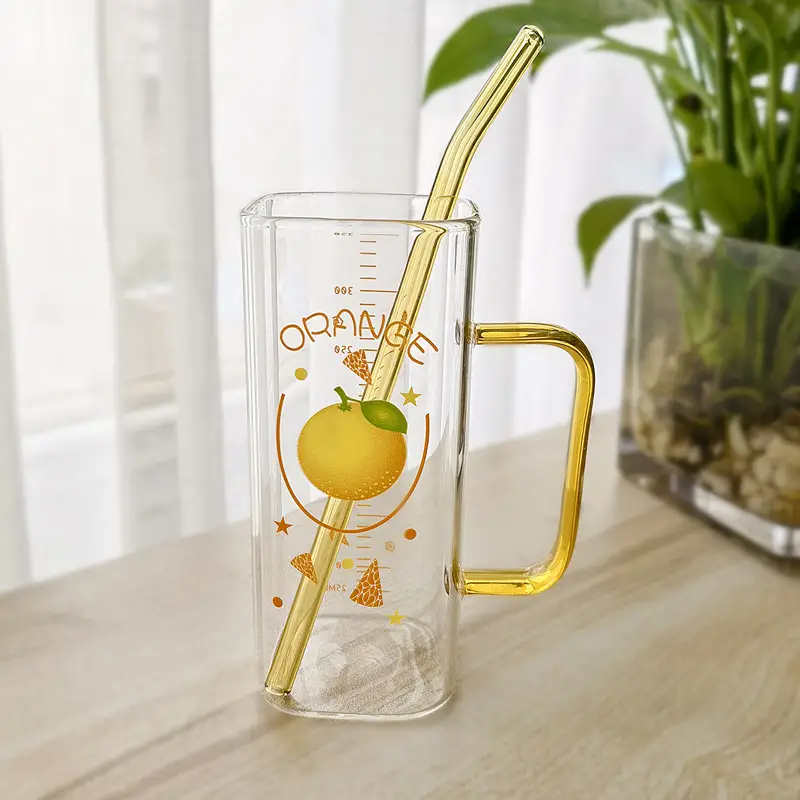 Straw Fruit Print Glass Cup with Lid & Handle - Image 16