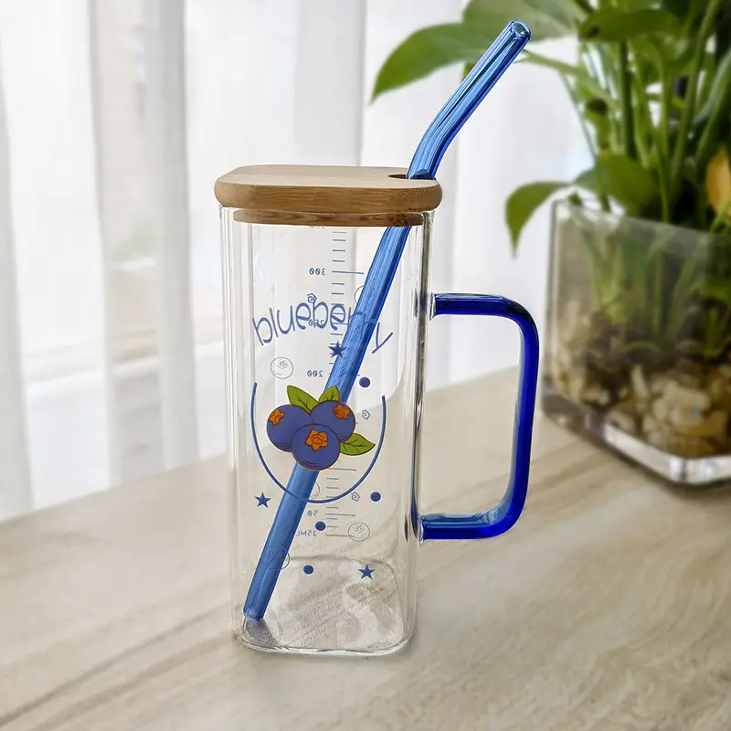 Straw Fruit Print Glass Cup with Lid & Handle - Image 20