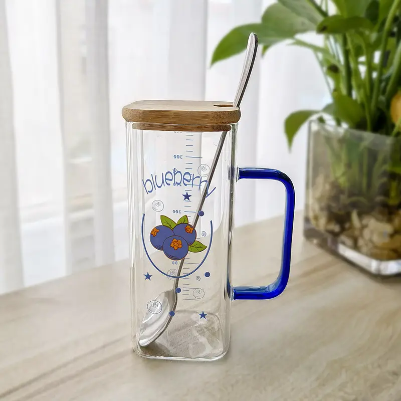 Straw Fruit Print Glass Cup with Lid & Handle - Image 21