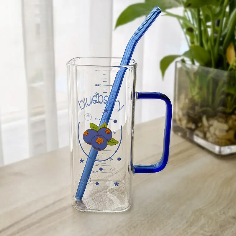 Straw Fruit Print Glass Cup with Lid & Handle - Image 22