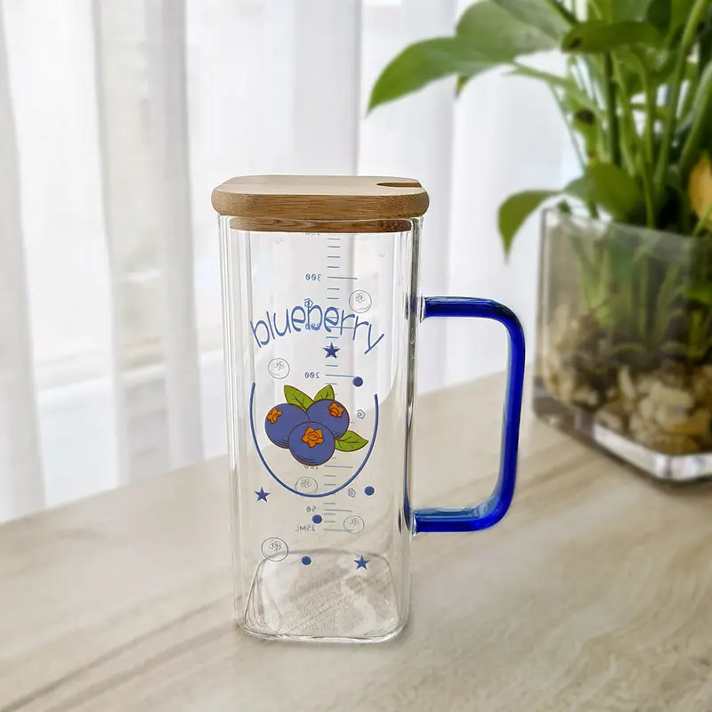 Straw Fruit Print Glass Cup with Lid & Handle - Image 24