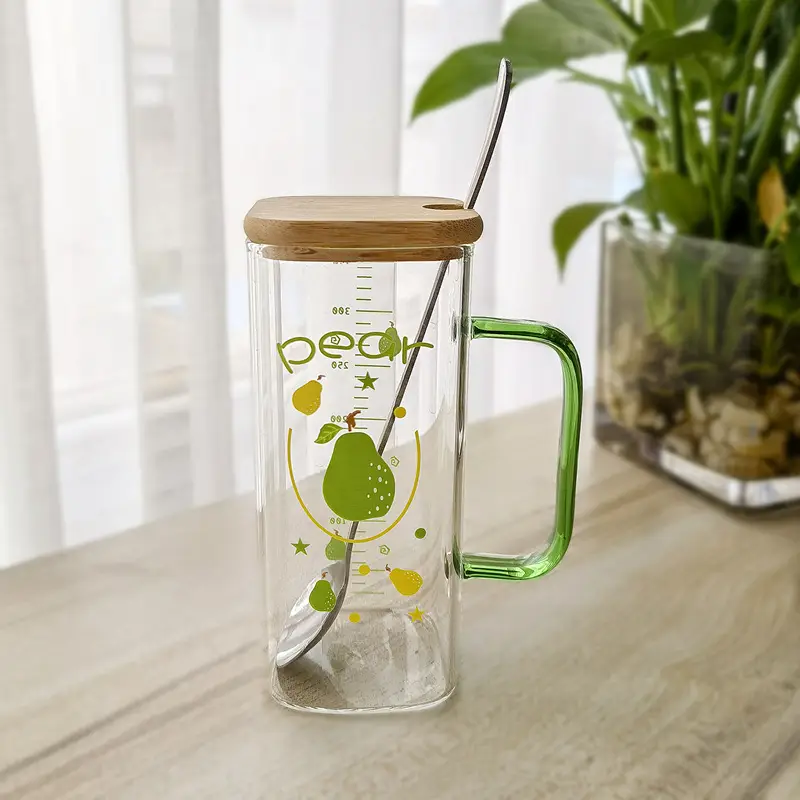 Straw Fruit Print Glass Cup with Lid & Handle - Image 3