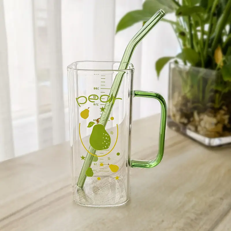Straw Fruit Print Glass Cup with Lid & Handle - Image 4