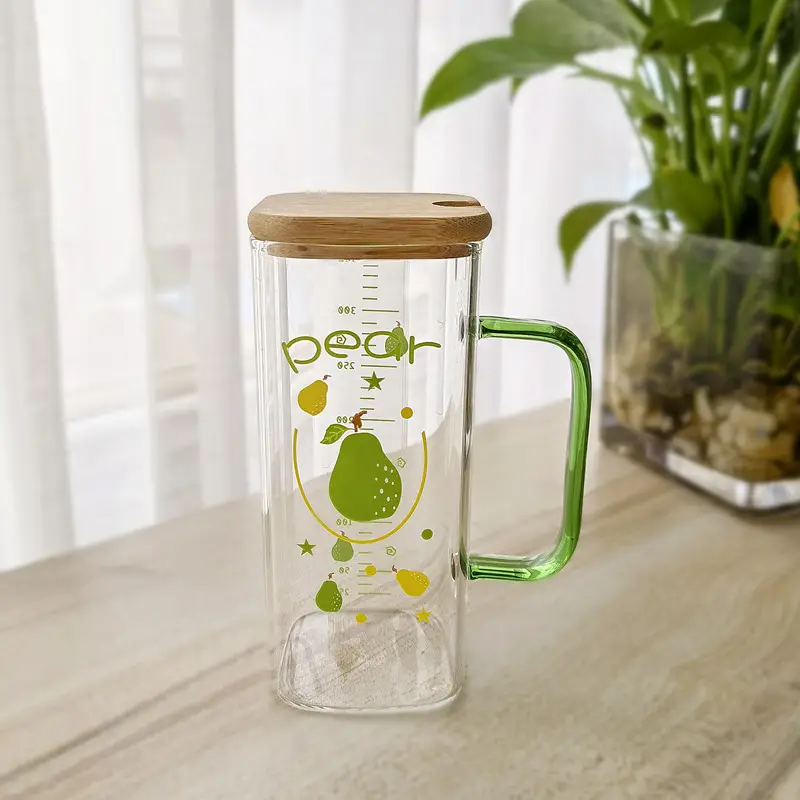 Straw Fruit Print Glass Cup with Lid & Handle - Image 6