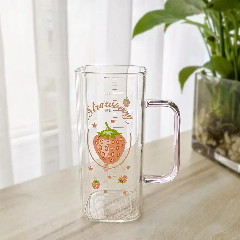 Straw Fruit Print Glass Cup with Lid & Handle - Image 7