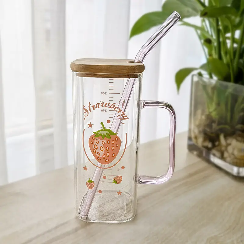 Straw Fruit Print Glass Cup with Lid & Handle - Image 8