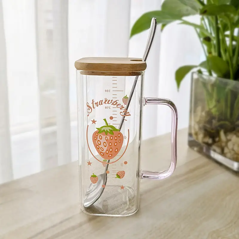 Straw Fruit Print Glass Cup with Lid & Handle - Image 9