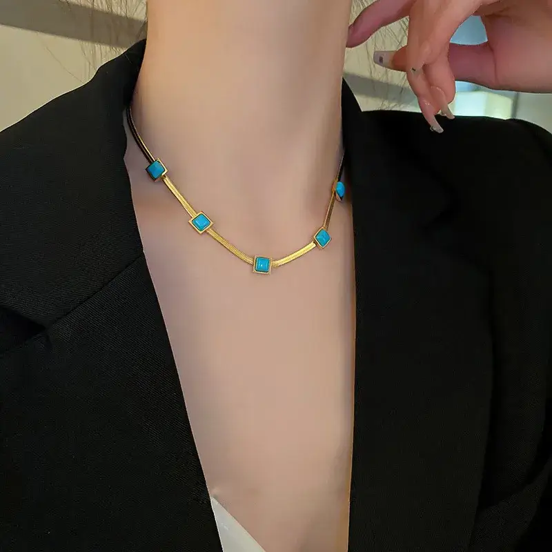 Titanium Steel Blue Square Blade Necklace for Women