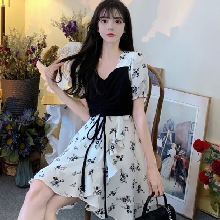 Women Floral French Dress Black White Summer Low Cut - Image 2