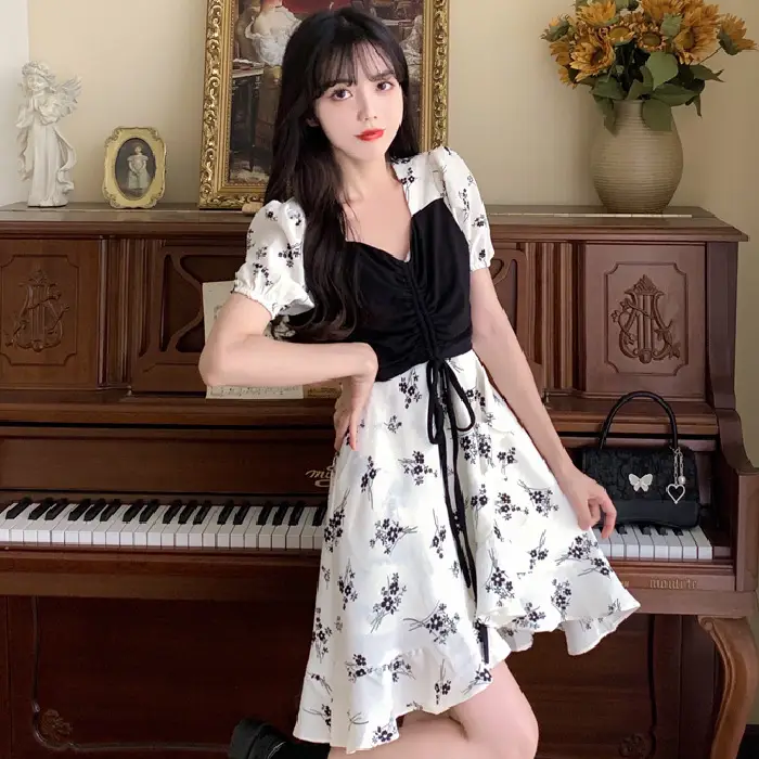 Women Floral French Dress Black White Summer Low Cut - Image 3