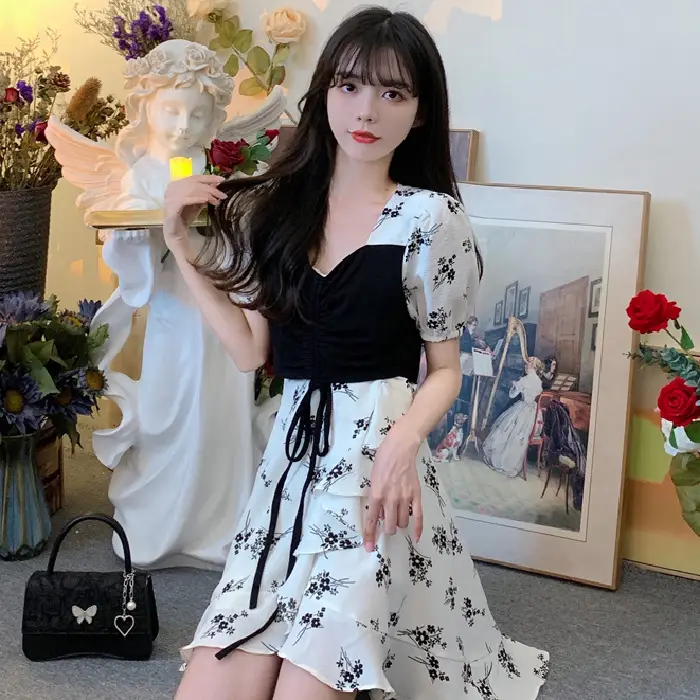 Women Floral French Dress Black White Summer Low Cut - Image 4