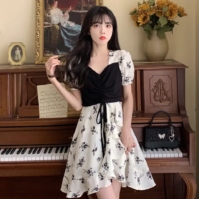Women Floral French Dress Black White Summer Low Cut - Image 5