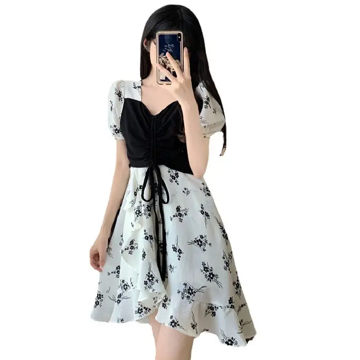 Women Floral French Dress Black White Summer Low Cut - Image 6