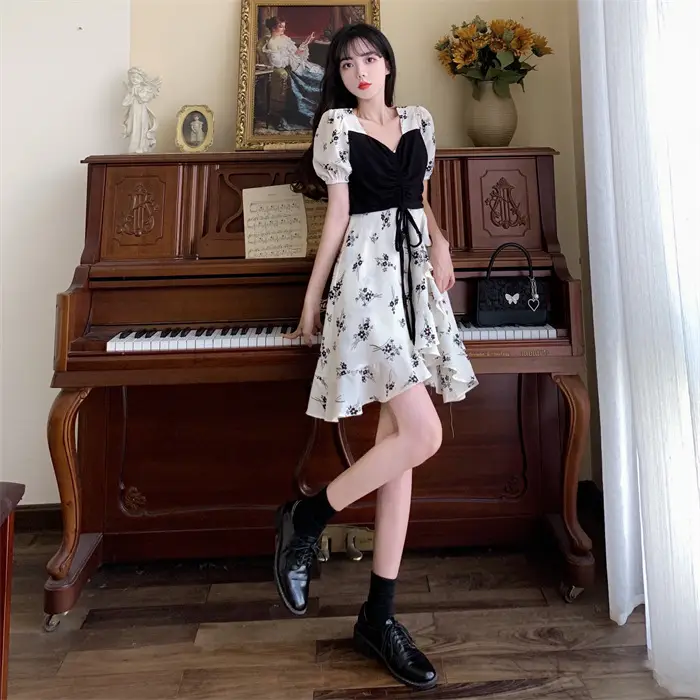 Women Floral French Dress Black White Summer Low Cut — feature 10