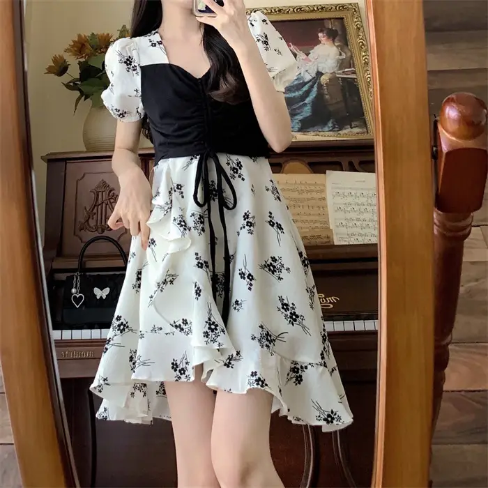 Women Floral French Dress Black White Summer Low Cut — feature 11