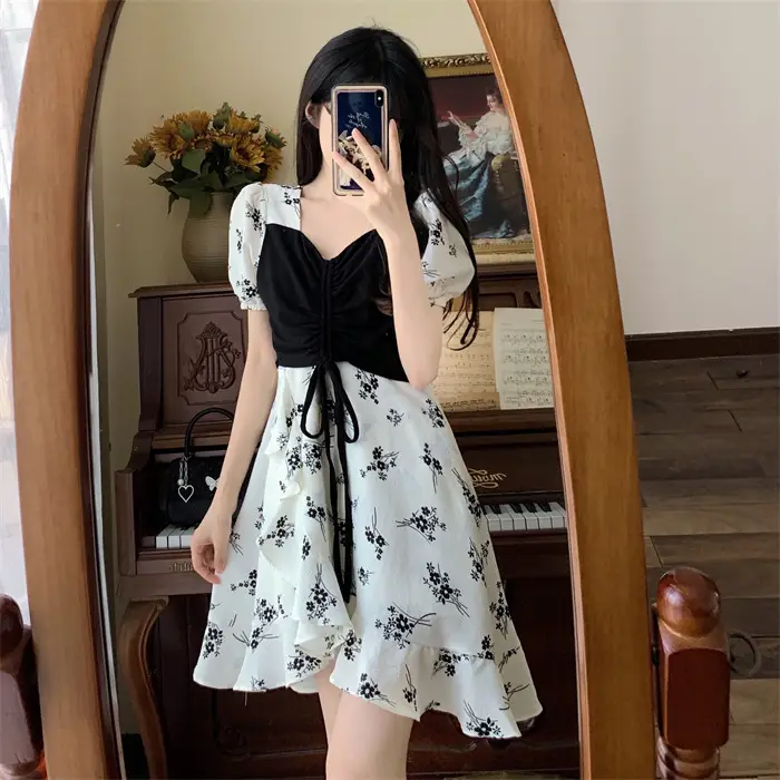 Women Floral French Dress Black White Summer Low Cut — feature 2