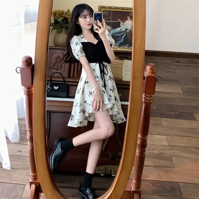 Women Floral French Dress Black White Summer Low Cut — feature 3